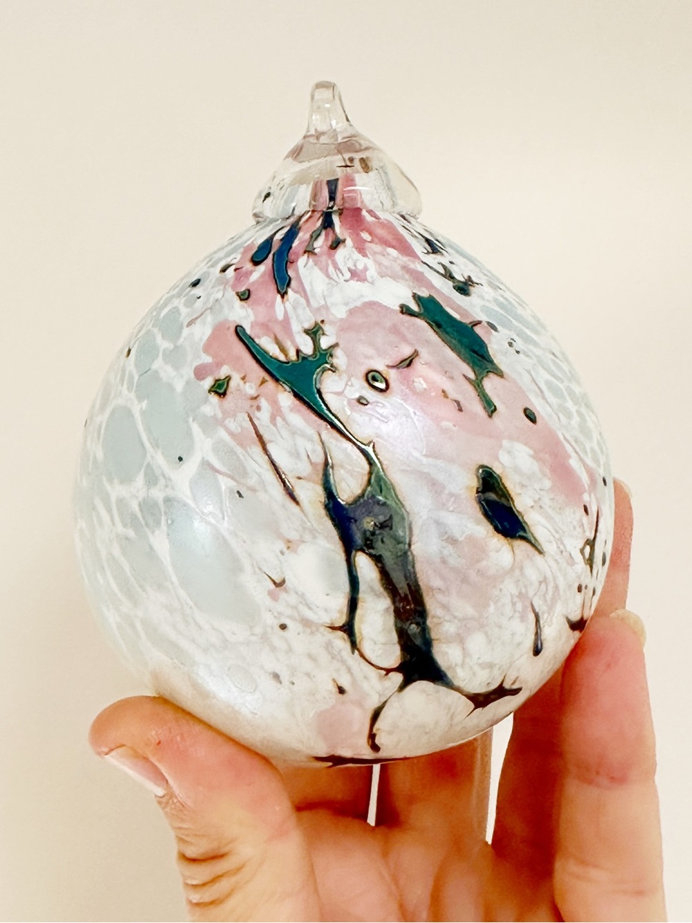 Handblown Glass Ornament - Pink and White Marble Effect